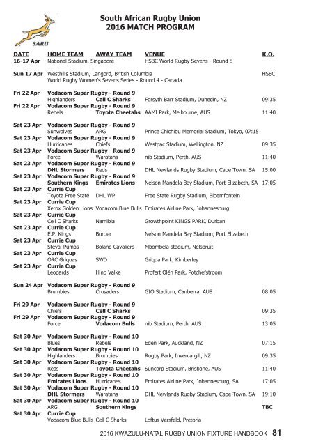 KZNRU FIXTURE HANDBOOK FOR 2016 SEASON