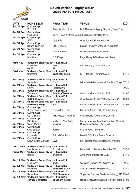 KZNRU FIXTURE HANDBOOK FOR 2016 SEASON