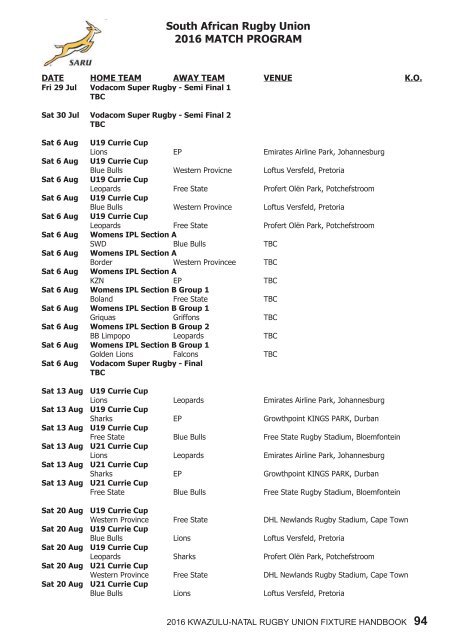 KZNRU FIXTURE HANDBOOK FOR 2016 SEASON