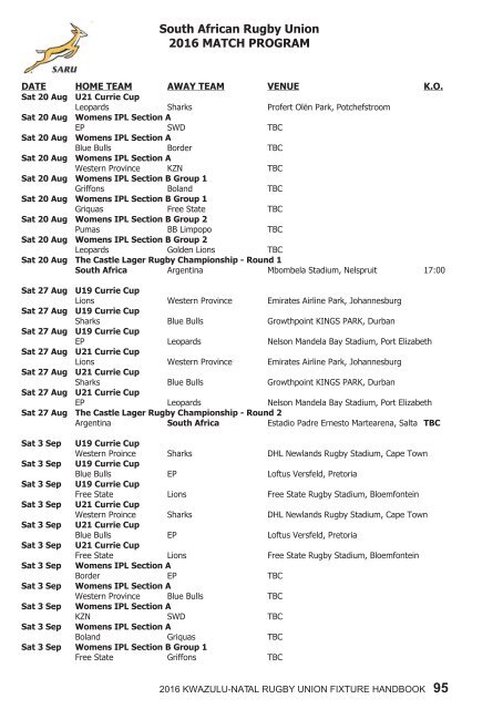 KZNRU FIXTURE HANDBOOK FOR 2016 SEASON