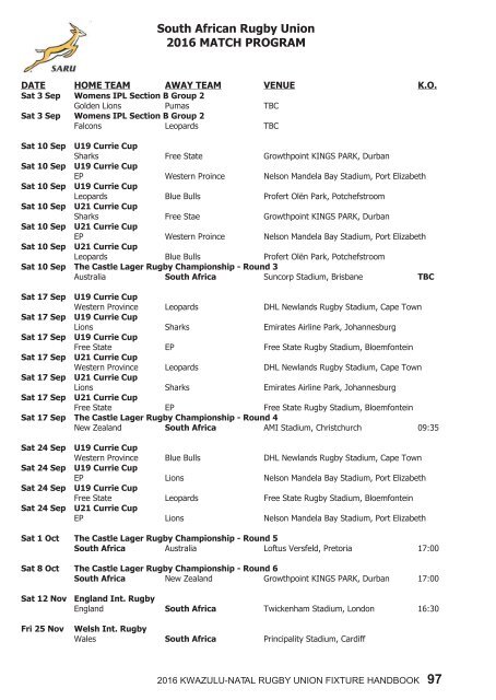 KZNRU FIXTURE HANDBOOK FOR 2016 SEASON