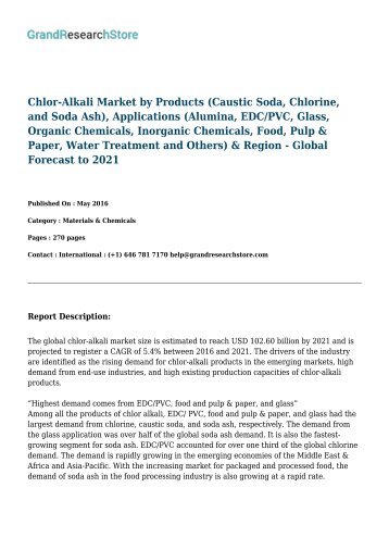Chlor-Alkali Market by Products (Caustic Soda, Chlorine, and Soda Ash), Applications (Water Treatment and Others) - Global Forecast to 2021