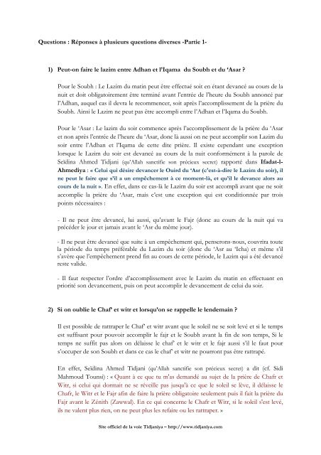 Questions Reponses A Plusieurs Questions Diverses Tidjaniya