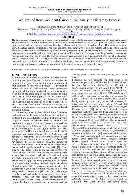 Weights of Road Accident Causes using Analytic Hierarchy Process