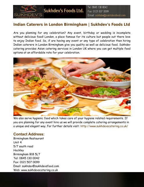 Indian Caterers in London Birmingham- Sukhdev's Foods Ltd