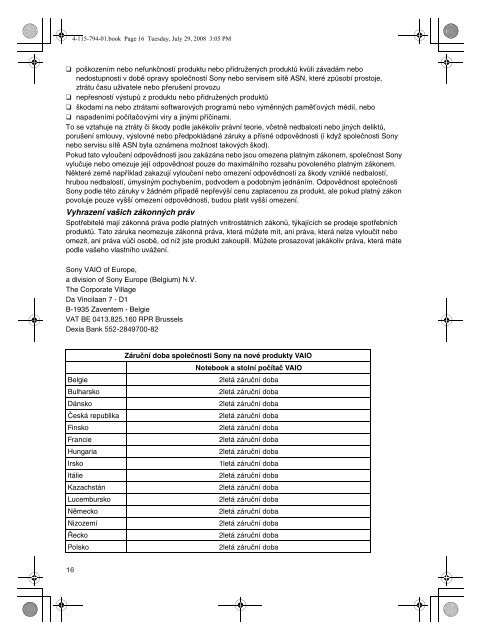 Sony VGN-TT11LN - VGN-TT11LN Documenti garanzia Ceco