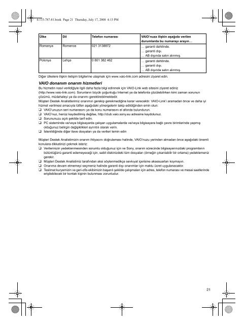 Sony VGN-TT11LN - VGN-TT11LN Documenti garanzia Turco