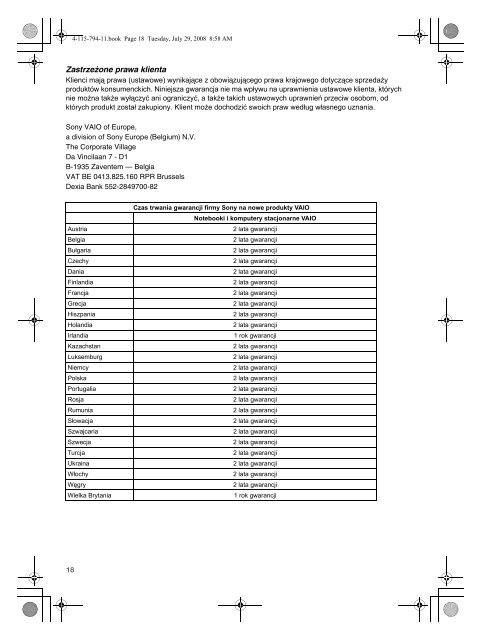 Sony VGN-TT11LN - VGN-TT11LN Documenti garanzia Polacco