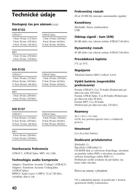 Sony NW-E103 - NW-E103 Istruzioni per l'uso Slovacco