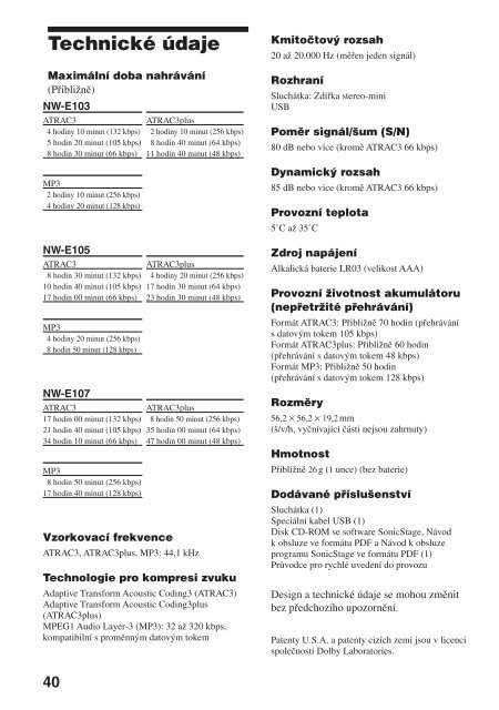 Sony NW-E103 - NW-E103 Istruzioni per l'uso Ceco