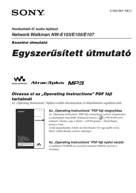 Sony NW-E103 - NW-E103 Istruzioni per l'uso Ungherese