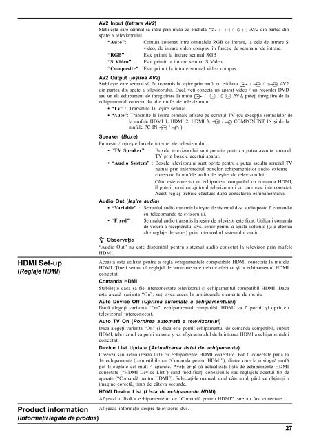 Sony KDL-26V4720 - KDL-26V4720 Istruzioni per l'uso Rumeno