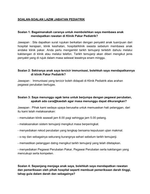 Soalan Soalan Lazim Jabatan Pediatrik Soalan 1