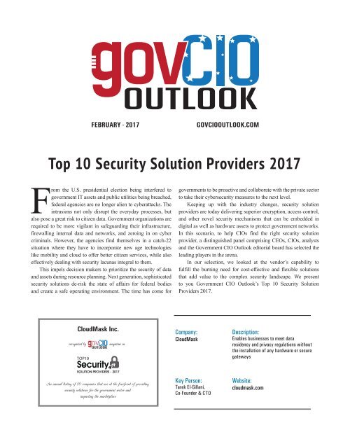 CloudMask - Top 10 Security Solution Providers 2017