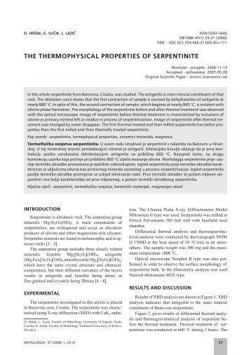 THE THERMOPHYSICAL PROPERTIES OF SERPENTINITE