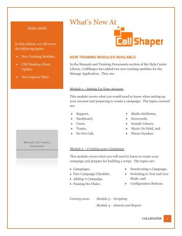 CallShaper Outbound Software Feature Update June 2016 