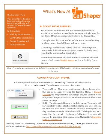 CallShaper Outbound Software Feature Update October 2016 Vol 2 