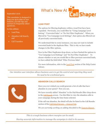 CallShaper Outbound Software Feature Update September 2016 