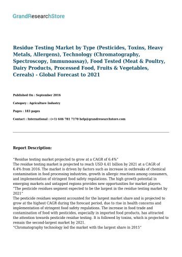 Residue Testing Market - Global Forecast to 2021