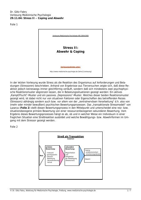 Stress II: Abwehr & Coping - Medizinische Psychologie Uni Freiburg