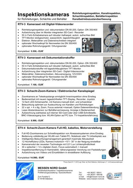 Inspektionskameras für die Rohrleitungsinspektion, Kanalinspektion und Schachtinspektion mittels Rohrschiebekamera und Schacht-Zoom-Kamera "Elektronischer Kanalspiegel"