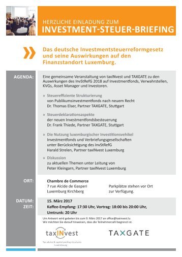 Investmentsteuer-Briefing am 15.03.2017 in Luxemburg