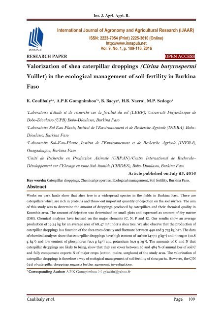 Valorization of shea caterpillar droppings (Cirina butyrospermi Vuillet) in the ecological management of soil fertility in Burkina Faso i IJAAR