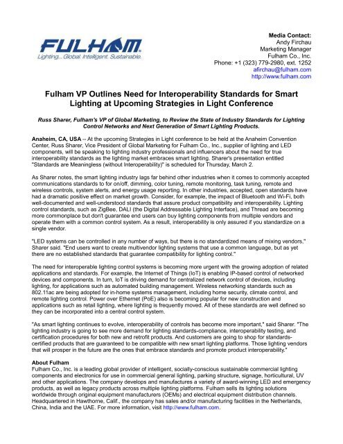 Fulham VP Outlines Need for Interoperability Standards for Smart Lighting at Upcoming Strategies in Light Conference