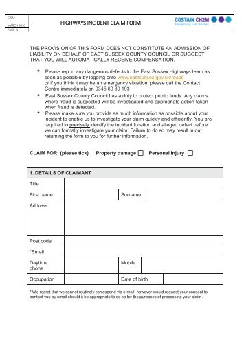 HIGHWAYS INCIDENT CLAIM FORM