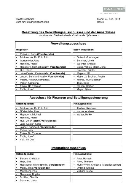 Besetzung des Verwaltungsausschusses und der ... - Stadt Osnabrück