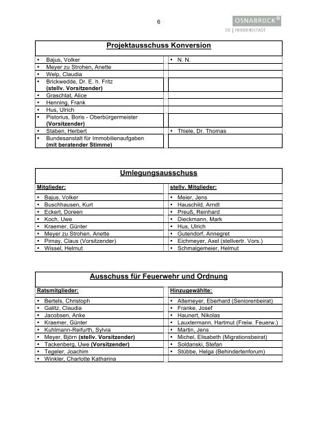 Besetzung des Verwaltungsausschusses und der ... - Stadt Osnabrück