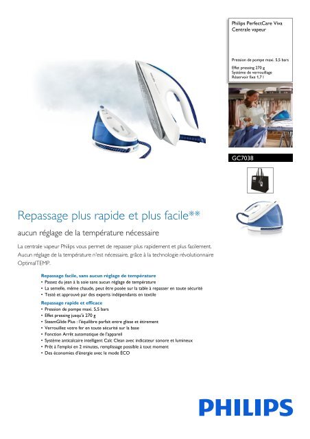 Philips Centrale vapeur Philips GC7038/20 PerfectCare Viva - fiche produit