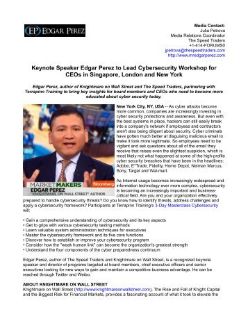 Keynote Speaker Edgar Perez to Lead Cybersecurity Workshop for CEOs in Singapore, London and New York