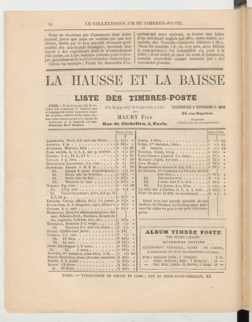 Le Collectionneur de timbres-poste - 15 septembre 1864 - Arthur Maury