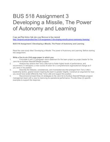BUS 518 Assignment 3 Developing a Missile, The Power of Autonomy and Learning