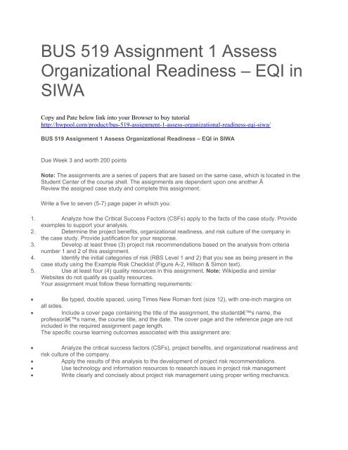 BUS 519 Assignment 1 Assess Organizational Readiness – EQI in SIWA
