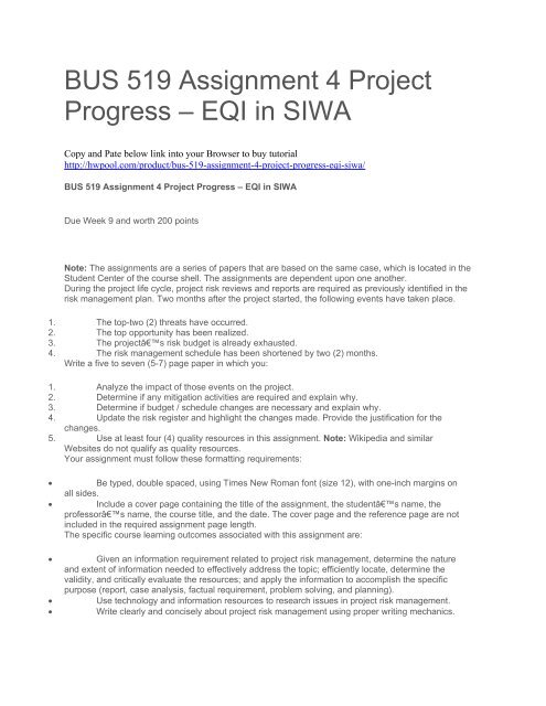 BUS 519 Assignment 4 Project Progress – EQI in SIWA