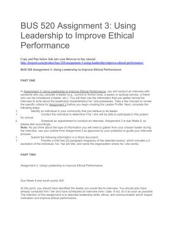 BUS 520 Assignment 3 Using Leadership to Improve Ethical Performance