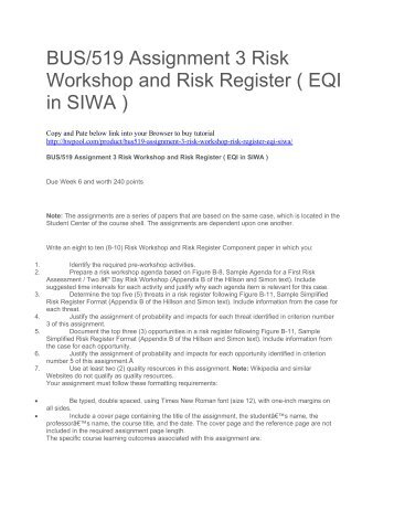 BUS519 Assignment 3 Risk Workshop and Risk Register ( EQI in SIWA )