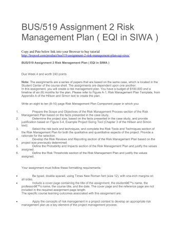 BUS519 Assignment 2 Risk Management Plan ( EQI in SIWA )