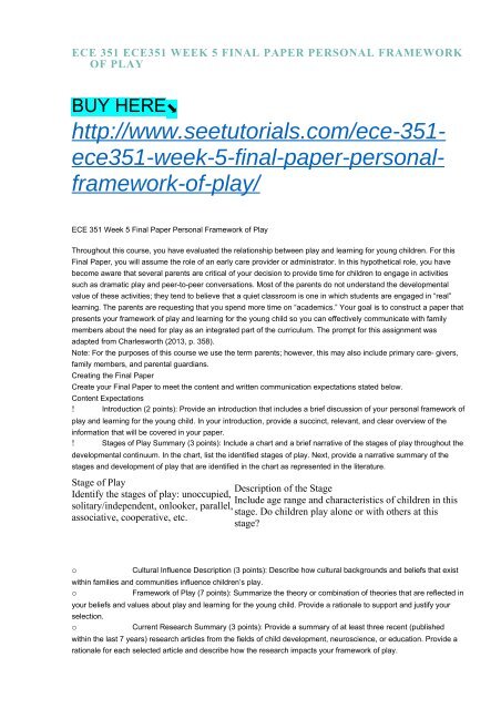 ECE 351 ECE351 WEEK 5 FINAL PAPER PERSONAL FRAMEWORK OF PLAY