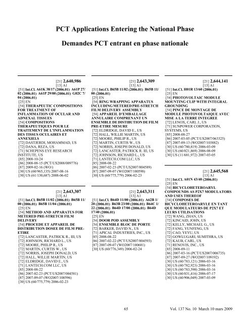 PCT Applications Entering the National Phase Demandes PCT ...