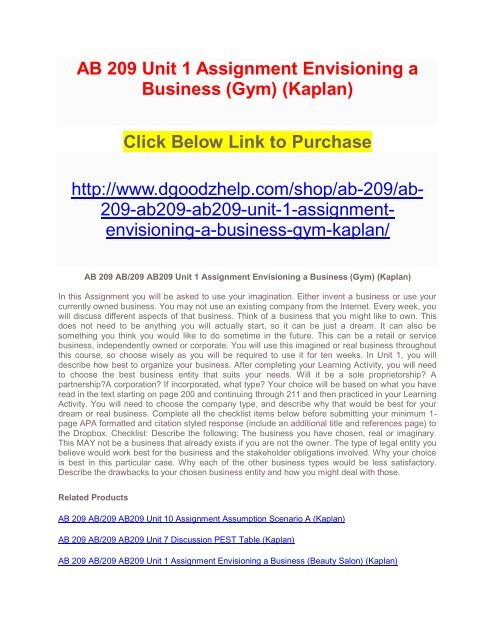 AB 209 Unit 1 Assignment Envisioning a Business (Gym) (Kaplan)