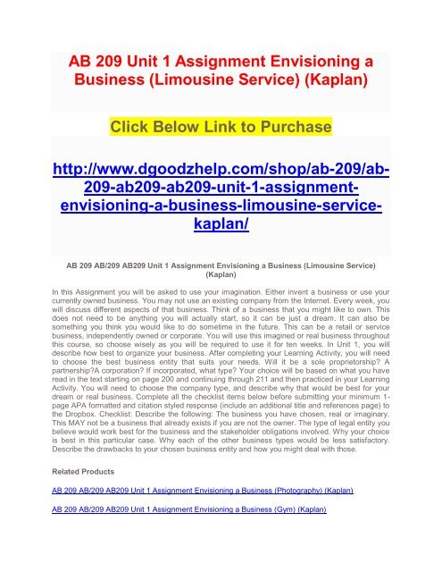 AB 209 Unit 1 Assignment Envisioning a Business (Limousine Service) (Kaplan)