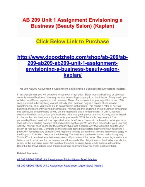 AB 209 Unit 1 Assignment Envisioning a Business (Beauty Salon) (Kaplan)