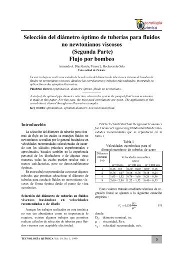 Seleccion del diámetro óptimo de tuberías para fluidos no newtonianos viscosos (segunda parte)