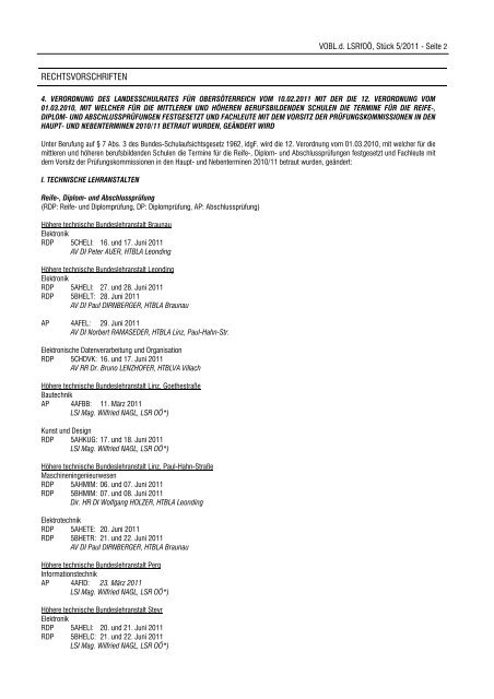 VOBl d. LSRfOÖ, Stück 5/2011 vom 10.3 - Landesschulrat für ...