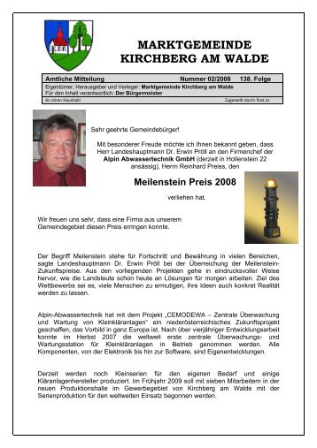 Meilenstein Preis 2008 - Kirchberg am Walde