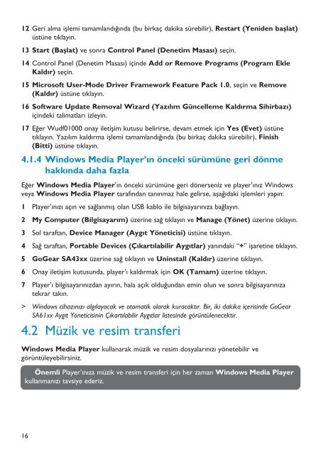 Philips GoGear Baladeur audio &agrave; m&eacute;moire flash - Mode d&rsquo;emploi - TUR