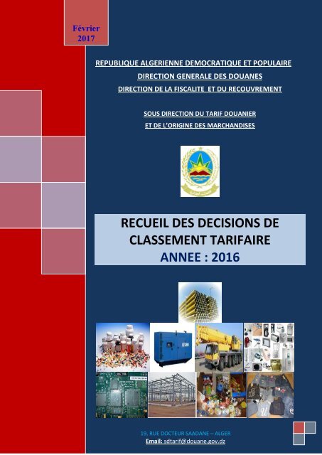 RECUEIL DES DECISIONS DE CLASSEMENT TARIFAIRE ANNEE 2016
